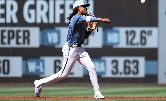 Washington Nationals shortstop CJ Abrams throws to first for an out during the first inning of a baseball game against the San Diego Padres, Saturday, May 30, 2026, in Washington. (AP Photo/Daniel Kucin Jr.)
