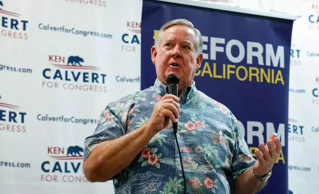 Rep. Ken Calvert, R-Calif., speaks at a "Barbeque, Beer and Ballots" event organized by Reform California on Saturday, May 9, 2026, in Corona, Calif. (AP Photo/Caroline Brehman)