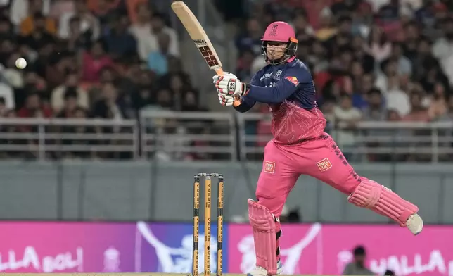 Rajasthan Royals' Vaibhav Sooryavanshi plays a shot during the Indian Premier League cricket match between Gujarat Titans and Rajasthan Royals in New Chandigarh, India, Friday, May 29, 2026. (AP Photo/Ashwini Bhatia)