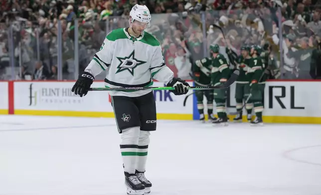 Dallas Stars right wing Mikko Rantanen (96) looks on after Minnesota Wild left wing Matt Boldy scored during the third period of Game 6 in the first round of the NHL hockey Stanley Cup playoff series Thursday, April 30, 2026, in St. Paul, Minn. (AP Photo/Bailey Hillesheim)