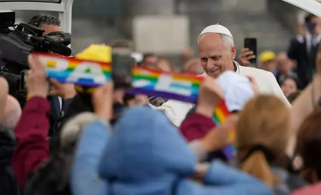 Pope Leo XIV leaves Naples at the end of a one-day pastoral visit to Pompeii and Naples,Friday, May 8, 2026. (AP Photo/Gregorio Borgia)