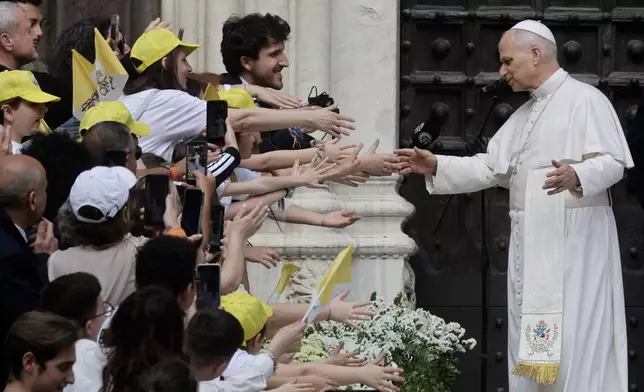 Pope Leo XIV leave the Cathedral of Santa Maria Assunta , Friday, May 8, 2026, in Naples during a one-day pastoral visit to Pompeii and Naples. (AP Photo/Salvatore Laporta)