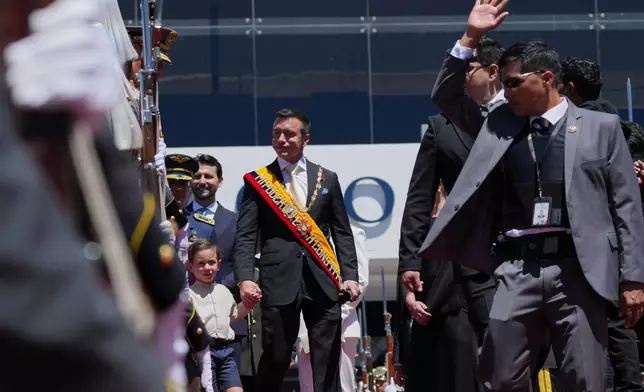 President Daniel Noboa and his family leave the National Assembly after delivering his State of the Nation address at the National Assembly in Quito, Ecuador, Sunday, May 24, 2026. (AP Photo/Dolores Ochoa)