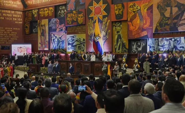 President Daniel Noboa delivers his State of the Nation address at the National Assembly.in Quito, Ecuador, Sunday, May 24, 2026. (AP Photo/Dolores Ochoa)