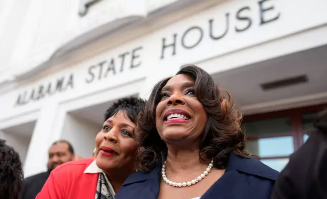 U.S. Rep. Terri Sewell, D-Ala., speaks outside the Alabama state house during a special session of the Alabama Legislature, Tuesday, May 5, 2026, in Montgomery, Ala. (AP Photo/Mike Stewart)