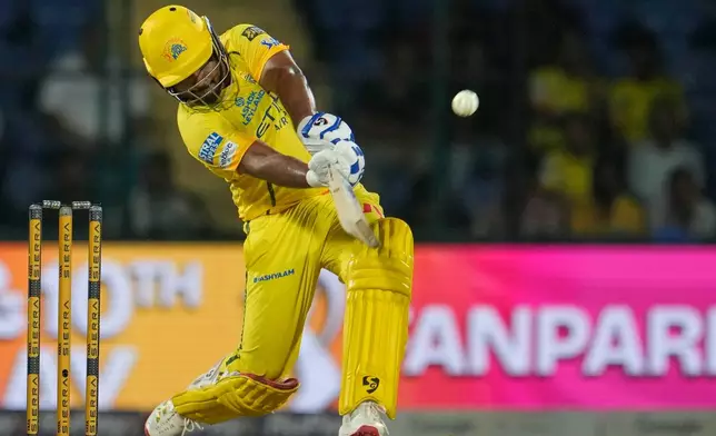 Chennai Super Kings' Sanju Samson plays a shot during the Indian Premier League cricket match between Chennai Super Kings and Delhi Capitals in New Delhi, India, Tuesday, May 5, 2026. (AP Photo/Manish Swarup)