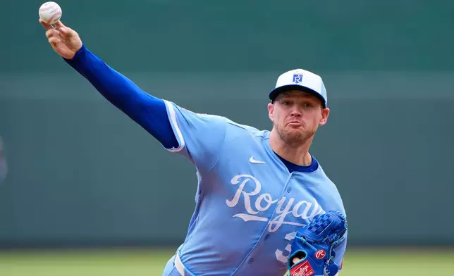 Kansas City Royals starting pitcher Stephen Kolek throws during the first inning of a baseball game against the Seattle Mariners, Saturday, May 23, 2026, in Kansas City, Mo. (AP Photo/Charlie Riedel)