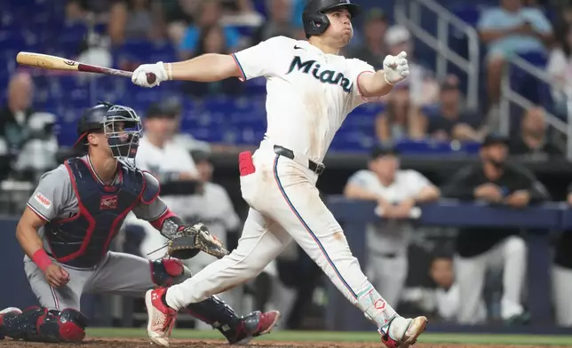 Miami Marlins' Jakob Marsee, right, watches after hitting a three run home run during the eighth inning of a baseball game against the Washington Nationals, Saturday, May 9, 2026, in Miami. (AP Photo/Lynne Sladky)