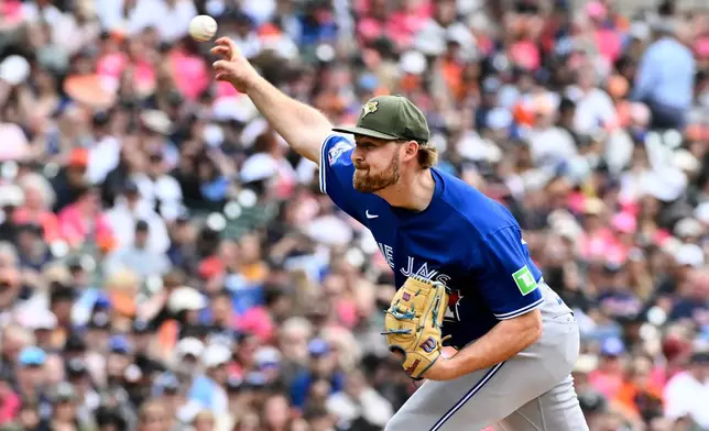 Toronto Blue Jays pitcher Spencer Miles throws during the third inning of a baseball game against the Detroit Tigers, Saturday, May 16, 2026, in Detroit. (AP Photo/Jose Juarez)