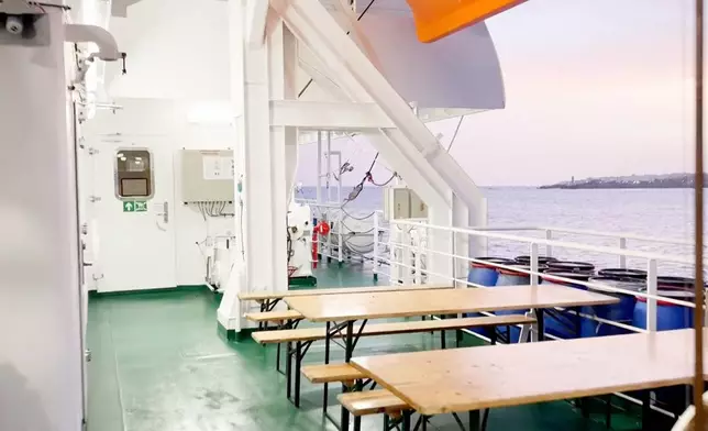 The Dutch-flagged MV Hondius, a cruise ship carrying nearly 150 people remains off Cape Verde on Monday, May 4, 2026 after three passengers died and several others fell seriously ill in a suspected hantavirus outbreak. (Qasem Elhato via AP)