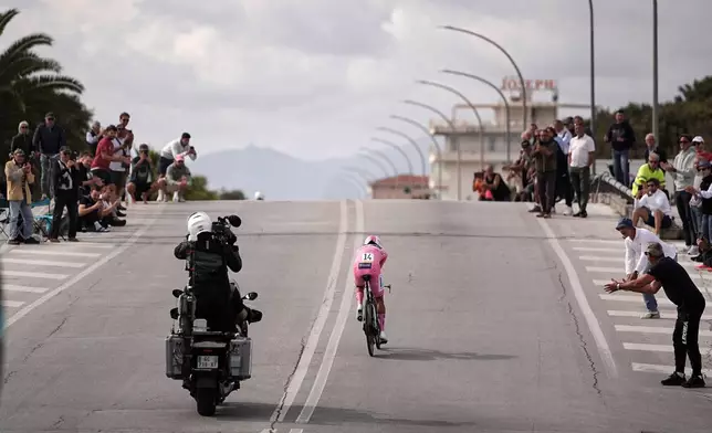 Portugal's Afonso Oliveira Eulalio competes during the 10th stage of the Giro d'Italia cycling race from Viareggio to Massa, Italy, Tuesday May 19, 2026. (Marco Alpozzi/LaPresse via AP)