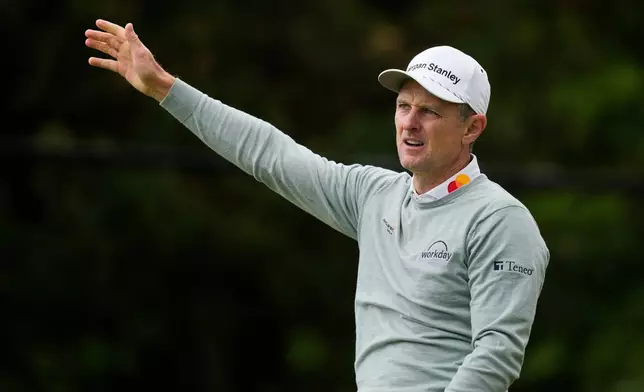 Justin Rose, of England, hits from the 13th tee during the second round of the PGA Championship golf tournament at Aronimink Golf Club, Friday, May 15, 2026, in Newtown Square, PA. (AP Photo/Carolyn Kaster)