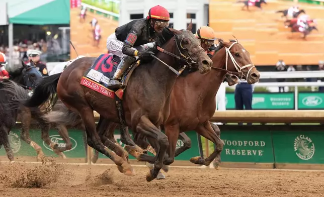 Golden Tempo (19) ridden by Jose L. Ortiz wins the 152nd running of the Kentucky Derby horse race at Churchill Downs, Saturday, May 2, 2026, in Louisville, Ky. (AP Photo/Jeff Roberson)