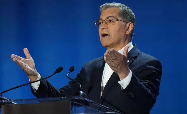 Xavier Becerra speaks during a gubernatorial debate hosted by CBS LA at Pomona College in Claremont, Calif., Tuesday, April 28, 2026. (AP Photo/Jae C. Hong)
