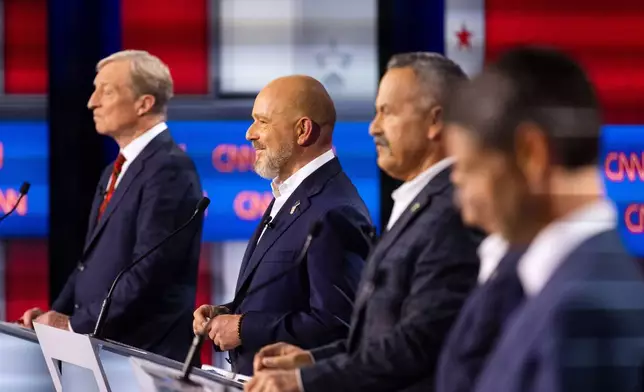 From left to right, Tom Steyer, Steve Hilton, Chad Bianco and Matt Mahan participate in a California gubernatorial debate hosted by CNN at East Los Angeles College in Monterey Park, Calif. Tuesday, May 5, 2026. (AP Photo/Ethan Swope)