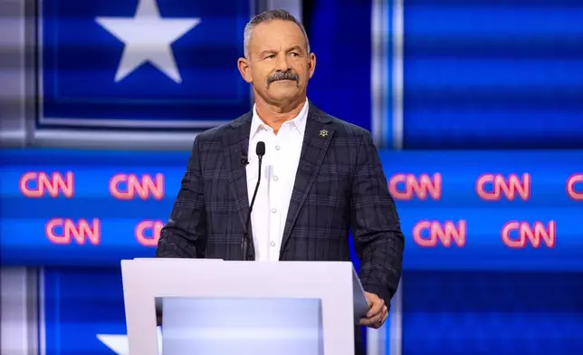 Chad Bianco participates in a California gubernatorial debate hosted by CNN at East Los Angeles College in Monterey Park, Calif. Tuesday, May 5, 2026. (AP Photo/Ethan Swope)