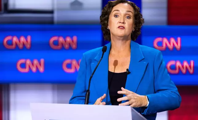 Katie Porter participates in a California gubernatorial debate hosted by CNN at East Los Angeles College in Monterey Park, Calif. Tuesday, May 5, 2026. (AP Photo/Ethan Swope)