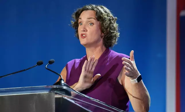 Katie Porter speaks during a California gubernatorial debate hosted by CBS LA at Pomona College in Claremont, Calif., Tuesday, April 28, 2026. (AP Photo/Jae C. Hong)