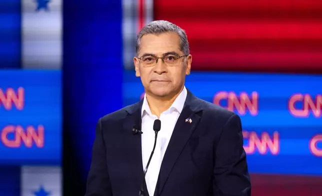 Xavier Becerra participates in a California gubernatorial debate hosted by CNN at East Los Angeles College in Monterey Park, Calif. Tuesday, May 5, 2026. (AP Photo/Ethan Swope)