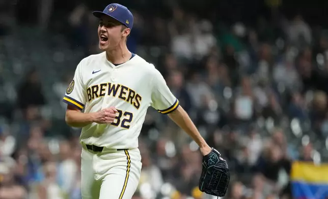 Milwaukee Brewers' Jacob Misiorowski reacts after striking out San Diego Padres' Nick Castellanos during the seventh inning of a baseball game, Wednesday, May 13, 2026, in Milwaukee. (AP Photo/Aaron Gash)