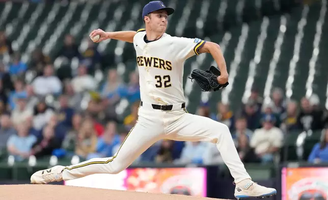 Milwaukee Brewers' Jacob Misiorowski pitches during the first inning of a baseball game against the San Diego Padres, Wednesday, May 13, 2026, in Milwaukee. (AP Photo/Aaron Gash)