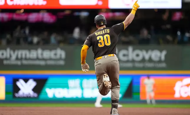 San Diego Padres' Gavin Sheets gestures as he rounds the bases after hitting a three-run home run during the ninth inning of a baseball game against the Milwaukee Brewers, Wednesday, May 13, 2026, in Milwaukee. (AP Photo/Aaron Gash)