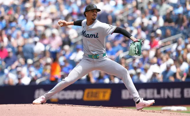 Miami Marlins pitcher Eury Pérez (39) works against the Toronto Blue Jays during the first inning of a baseball game in Toronto, Wednesday, May 27, 2026. (Chris Young/The Canadian Press via AP)