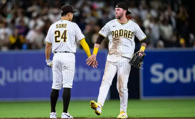 San Diego Padres center fielder Jackson Merrill, right, is greeted by San Diego Padres second baseman Sung-Mun Song (24) after defeating the Athletics, Saturday, May 23, 2026, in San Diego. (AP Photo/William Liang)
