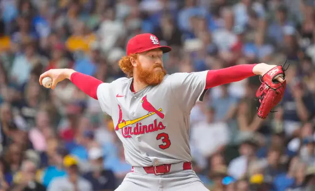 St. Louis Cardinals pitcher Dustin May throws during the first inning of a baseball game against the Milwaukee Brewers, Wednesday, May 27, 2026, in Milwaukee. (AP Photo/Kayla Wolf)
