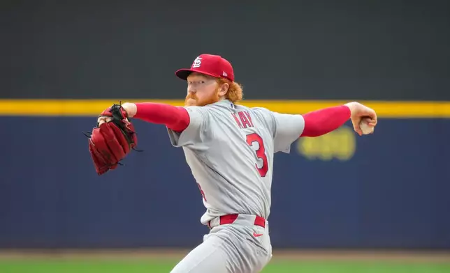 St. Louis Cardinals pitcher Dustin May throws during the sixth inning of a baseball game against the Milwaukee Brewers, Wednesday, May 27, 2026, in Milwaukee. (AP Photo/Kayla Wolf)