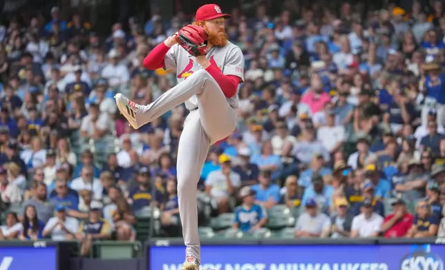 St. Louis Cardinals pitcher Dustin May throws during the first inning of a baseball game against the Milwaukee Brewers, Wednesday, May 27, 2026, in Milwaukee. (AP Photo/Kayla Wolf)
