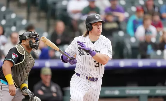 Colorado Rockies' Jake McCarthy, right, breaks from the batter's box after connecting for an RBI single off Arizona Diamondbacks relief pitcher Brandon Pfaadt in the eighth inning of a baseball game Sunday, May 17, 2026, in Denver. (AP Photo/David Zalubowski)