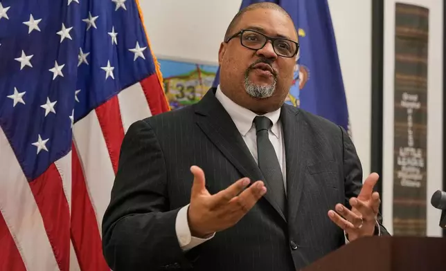 Manhattan District Attorney Alvin Bragg responds to questions during a press conference, in his office in New York, Thursday, May 28, 2026. (AP Photo/Richard Drew)