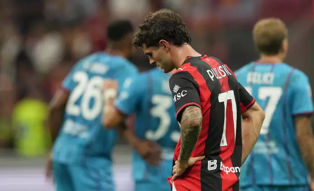AC Milan's Christian Pulisic reacts at the end of the Serie A soccer match between AC Milan and Cagliari, in Milan, Italy, Sunday, May 24, 2026. (AP Photo/Antonio Calanni)
