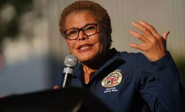 FILE - Mayor Karen Bass speaks at a vigil, June 10, 2025, in Los Angeles. (AP Photo/Eric Thayer, File)