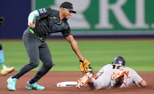 Tampa Bay Rays second baseman Richie Palacios tags out San Francisco Giants' Casey Schmitt (10) attempting to steals second base during the fourth inning of a baseball game Saturday, May 2, 2026, in St. Petersburg, Fla. (AP Photo/Chris O'Meara)