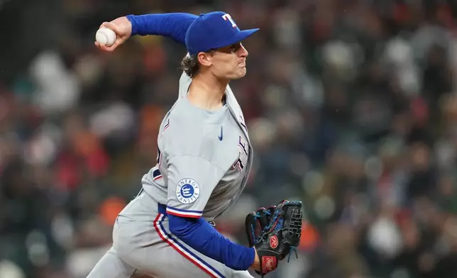 Texas Rangers pitcher Jacob Latz throws against the Detroit Tigers during the ninth inning of a baseball game Friday, May 1, 2026, in Detroit. (AP Photo/Paul Sancya)