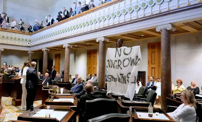 Sen. Charlane Oliver, D-Nashville, holds a banner and protests atop her desk on the Senate floor during a special session of the state legislature to redraw U.S. Congressional voting maps Thursday, May 7, 2026, in Nashville, Tenn. (AP Photo/George Walker IV)