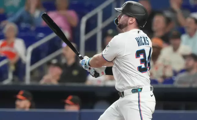 Miami Marlins' Liam Hicks (34) hits a two-run home run during the first inning of a baseball game against the Baltimore Orioles Thursday, May 7, 2026, in Miami. (AP Photo/Marta Lavandier)