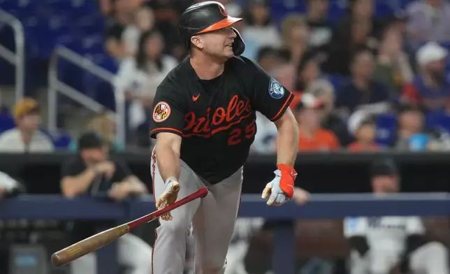 Baltimore Orioles' Pete Alonso hits a single during the eighth inning of a baseball game against the Miami Marlins Thursday, May 7, 2026, in Miami. (AP Photo/Marta Lavandier)