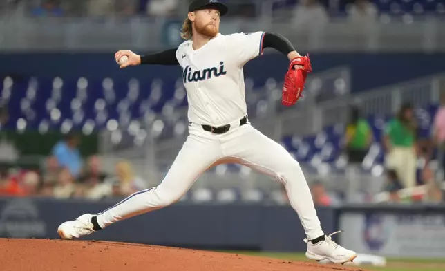Miami Marlins pitcher Max Meyer aims a pitch during the first inning of a baseball game against the Baltimore Orioles Thursday, May 7, 2026, in Miami. (AP Photo/Marta Lavandier)