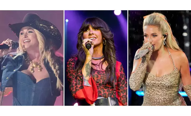 This combination of images shows Miranda Lambert, from left, Ella Langley, and Megan Moroney. (AP Photo)