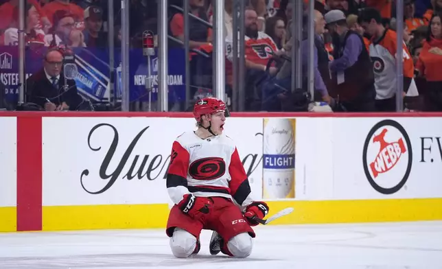 Carolina Hurricanes' Jackson Blake reacts after scoring the game-winning goal in overtime during Game 4 in a second-round NHL hockey Stanley Cup playoff series against the Philadelphia Flyers, Saturday, May 9, 2026, in Philadelphia. (AP Photo/Matt Slocum)