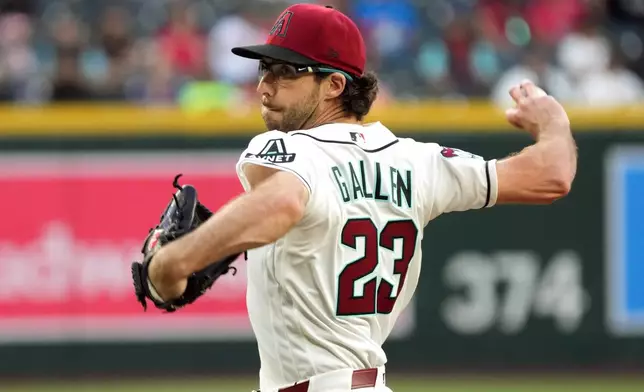 Arizona Diamondbacks pitcher Zac Gallen throws against the San Francisco Giants in the first inning of a baseball game, Monday, May 18, 2026, in Phoenix. (AP Photo/Rick Scuteri)
