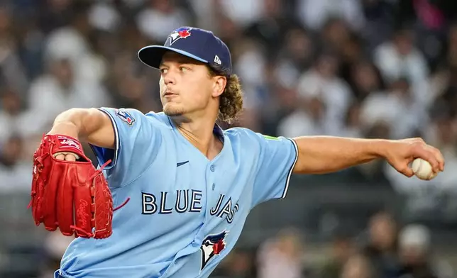 Toronto Blue Jays pitcher Adam Macko (64), throws during the second inning of a baseball game against the New York Yankees, Thursday, May 21, 2026. in New York. (AP Photo/Eduardo Munoz Alvarez)