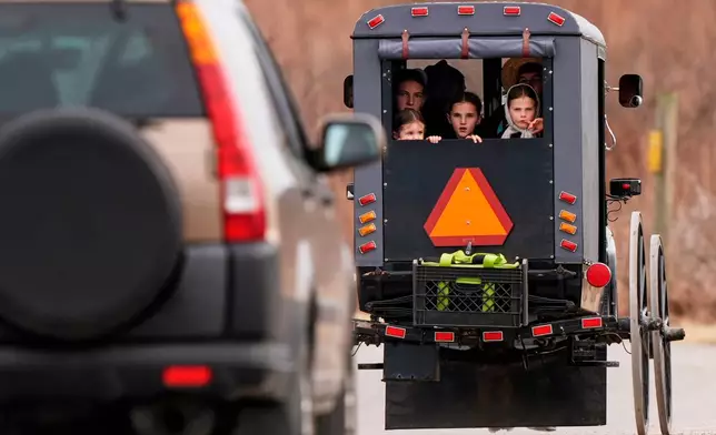 Amish youngsters ride in the kid box of a buggy Sunday, March 8, 2026, in Lancaster County, Pa. (AP Photo/Robert F. Bukaty)
