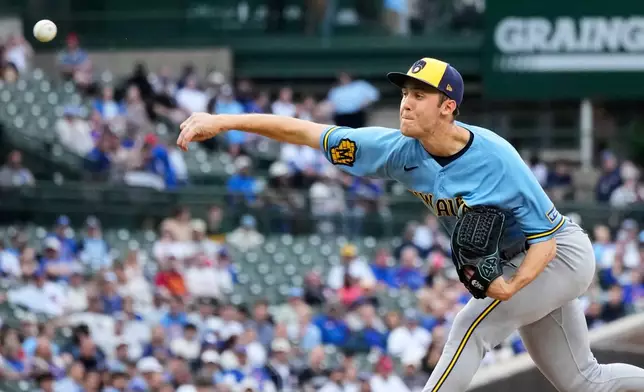 Milwaukee Brewers starting pitcher Jacob Misiorowski throws against the Chicago Cubs during the first inning of a baseball game in Chicago, Tuesday, May 19, 2026. (AP Photo/Nam Y. Huh)