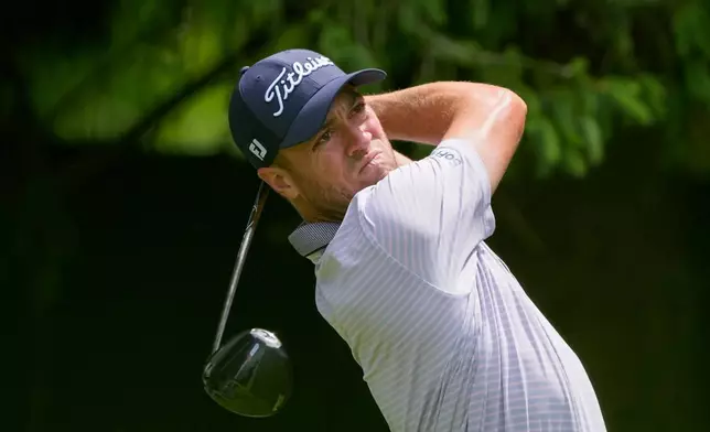 Justin Thomas hits from the fourth tee during a PGA Championship golf tournament practice round at Aronimink Golf Club, Wednesday, May 13, 2026, in Newtown Square, PA. (AP Photo/Matt Slocum)
