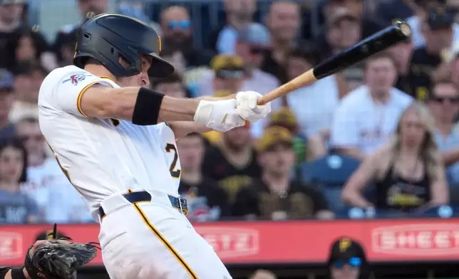 Pittsburgh Pirates' Jake Mangum drives in a run with a single off Minnesota Twins pitcher Bailey Ober in the fifth inning of a baseball game in Pittsburgh, Saturday, May 30, 2026. (AP Photo/Tom E. Puskar)