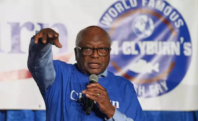 FILE - Rep. Jim Clyburn, D-S.C., speaks to attendees at his World Famous Fish Fry, May 30, 2025, in Columbia, S.C. (AP Photo/Meg Kinnard, File)